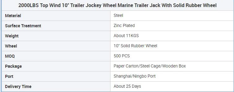 2000lbs Top Wind 10&prime; &prime; Trailer Jockey Wheel Boat Marine Trailer Jack with Solid Rubber Wheel Caravan Accessories